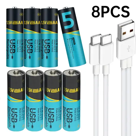 Skywolfeye 8pcs Usb Type C AA Rechargeable Battery Fast Charging 1.5V 2200 mWh Powerful Batteries for Radio Camera Clock