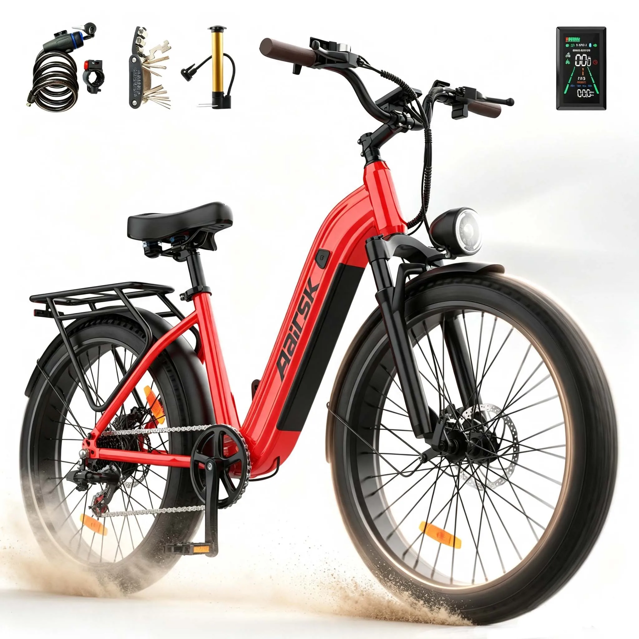 Elektrische fiets AAIRSK L6 26x3'', voor volwassenen, met uitneembare 48V 20Ah-accu, Shimano 7-versnellingen. ​ ​ Elektrische stadsfiets, 250W motor, voorste schokdemper, laag crossover frame