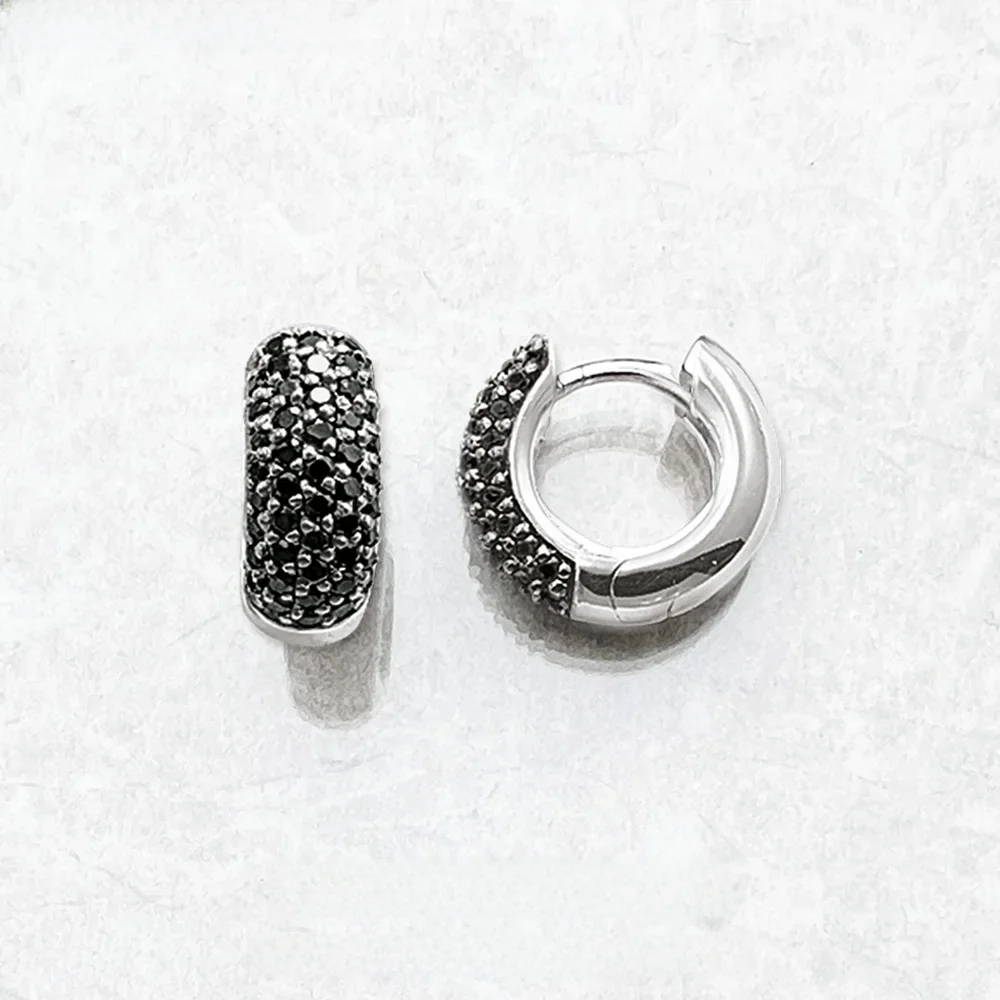 Czarne kreolskie kolczyki koła na zawiasach Europa Vintage Fine Jewelry dla kobiet mężczyzn zimowy prezent w prawdziwym srebrze próby 925 — zdjęcie 2