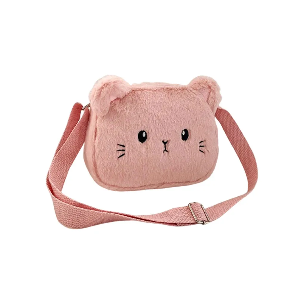 Saco crossbody de pelúcia gato dos desenhos animados para meninas do bebê, bolsa de ombro bonita, bolsa de ombro preta, inverno