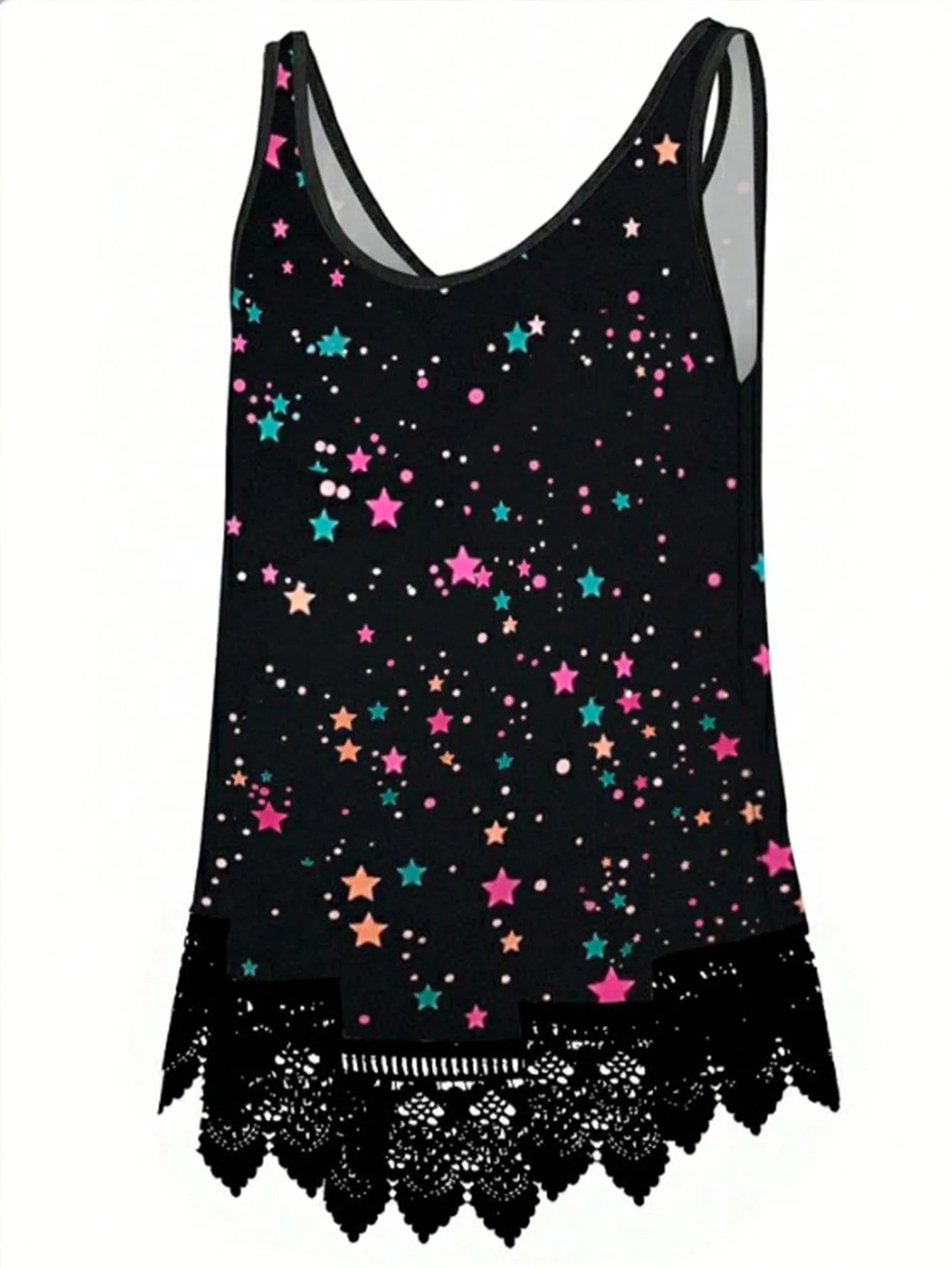 

2025 Plus Size Fashion Selection! Black Star - Print Lace - Patchwork Spaghetti - Strap Tank Top (Plus Size). The V - Neck Desig