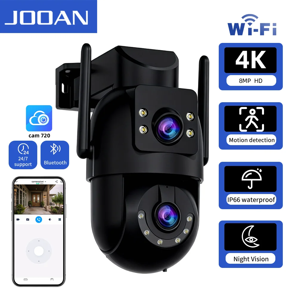 

JOOAN 4K 8MP Wi-Fi наружная PTZ IP-камера безопасности 4MP двойной объектив двойной экран автоматическое отслеживание защита видеонаблюдения