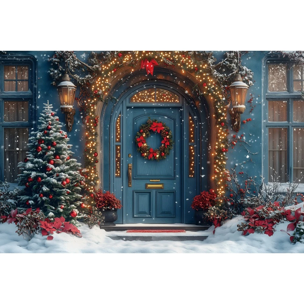 Fond de photographie de Noël d'hiver, arbre de Noël, neige, cadeaux, fenêtre, porte en bois, cour, portrait de famille, studio photo