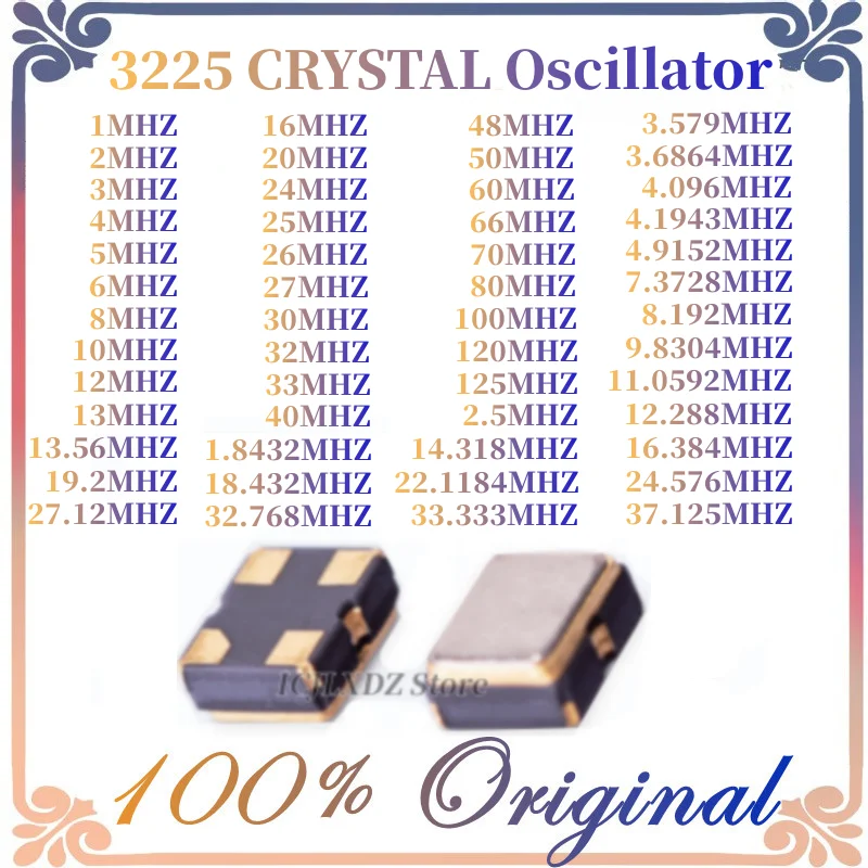 10pcs SMD 3225 active crystal oscillator OSC 1MHZ 2MHZ 4M 6M 10M 12M 16MHZ 20M 24MHZ 25MHZ 33M 40M 48MHZ 50MHZ 60M 100MHZ 125MHZ