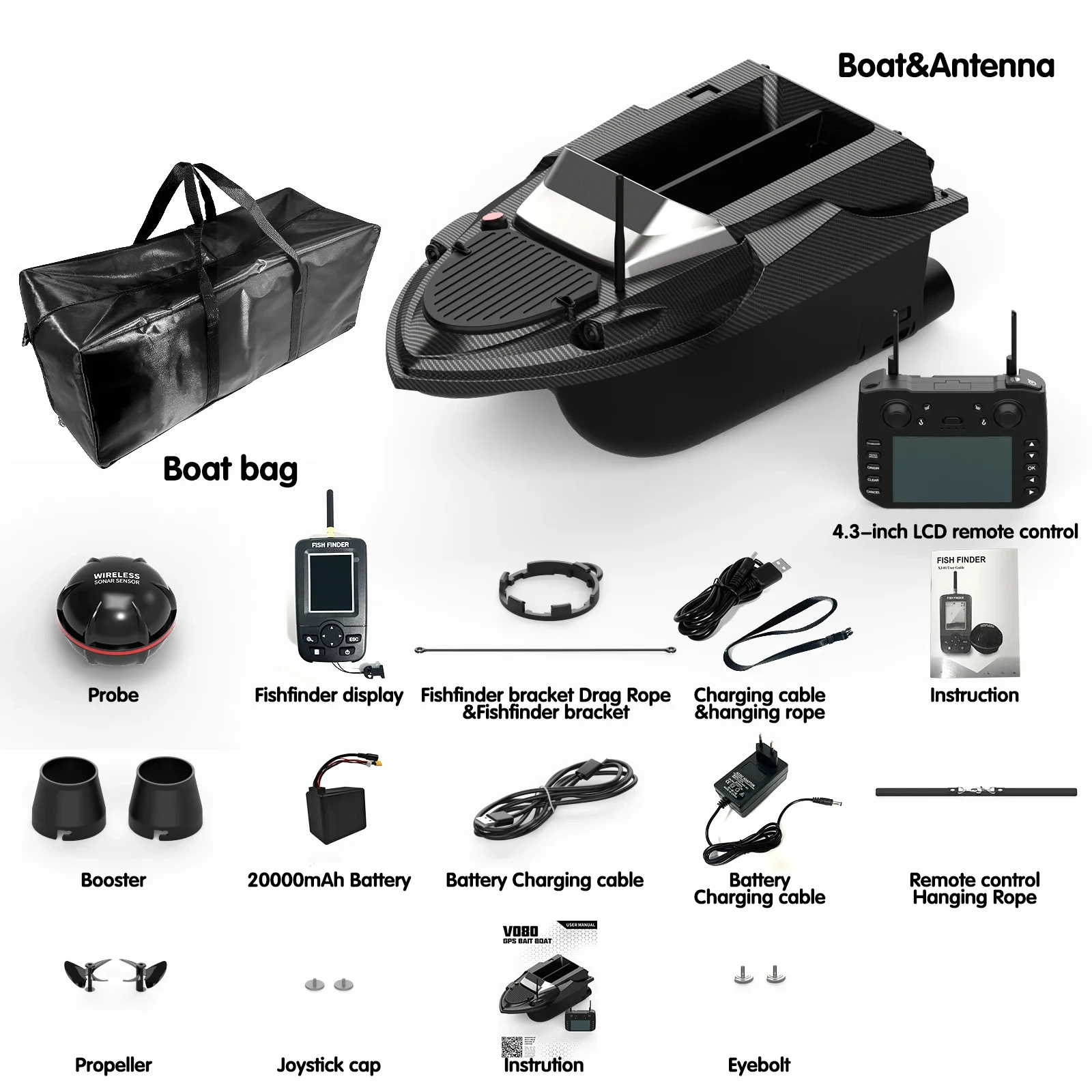 Flytec V080 20000mAh GPS Afstandsbediening Aasboot 180 Locatiepunten 3KG Laadvermogen Automatische Terugkeer 12V Nacht 800M Karperboot 550 Motor 15km/u Waterkoeling Automatische Terugkeer