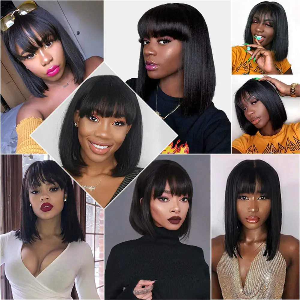 Women Wigs Lace Topper Bobo Hair Women Hairpiece with Bangs Stragiht Black Hair Toppers Real Human Hair Women Hair Extensions