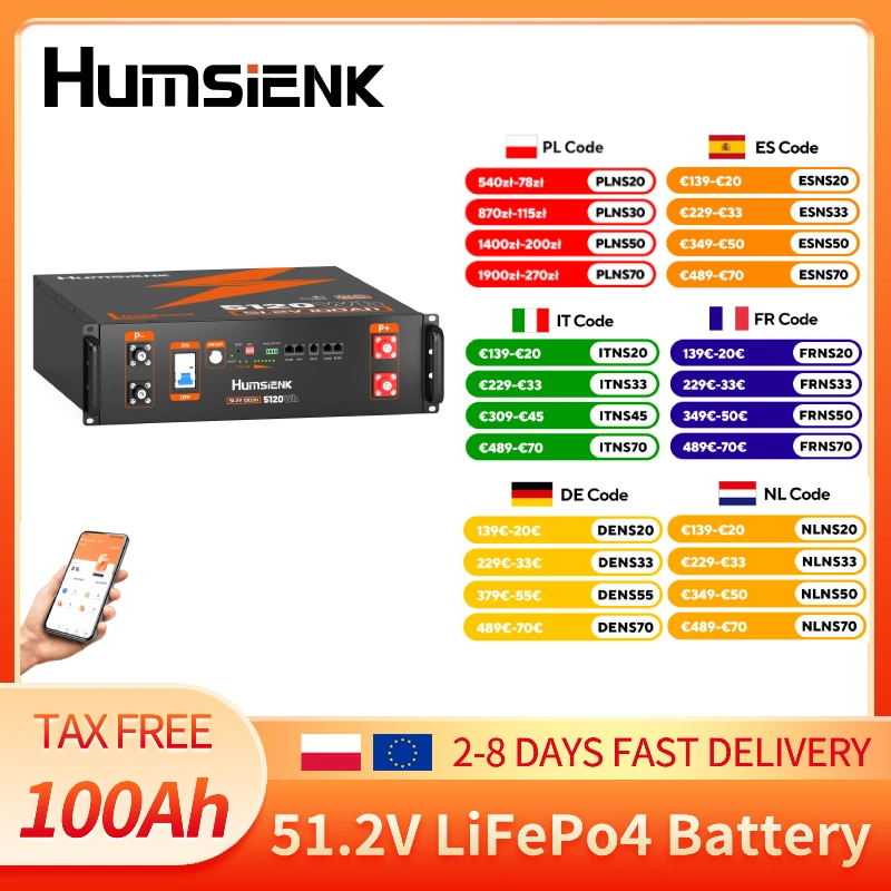 Humsienk 48V 100Ah LiFePO4 Lithium-Batterie mit Bluetooth |   UL1973-geprüft |   3U Server-Rack mit Aktiver Balancierung, Max. 5120Wh & 100A BMS für Netzunabhängige Solaranlagen, Backup,