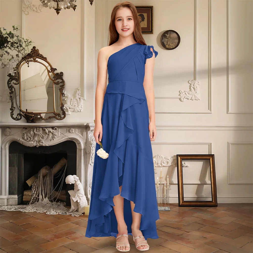 

Asymmetrical A-Line One Shoulder Chiffon Junior Bridesmaid Dress Flower Girl Dress Cascading Ruffles Girls Formal Wedding Party