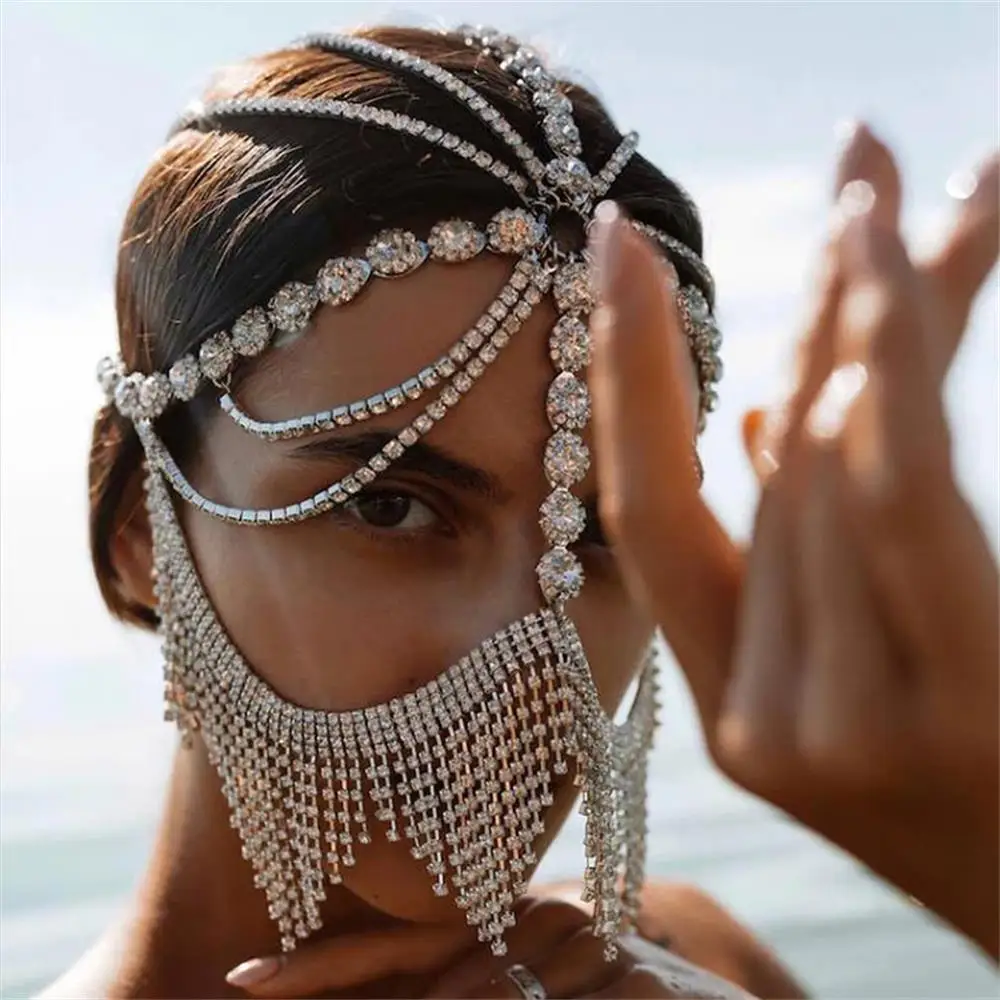 Bohemian Tassel Hair Chain Accessories Bridal Headpiece Hair Wear Crystal Rhinestone Masquerade Mask Fringe Women Dance Party