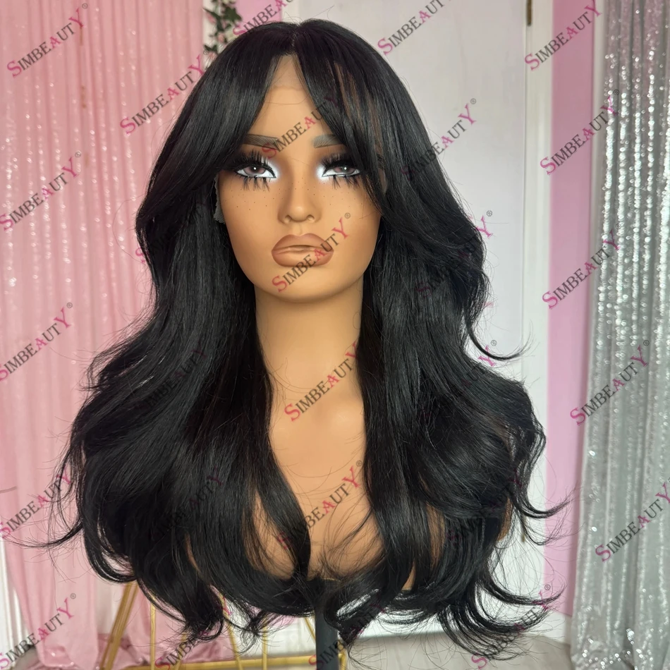 Curtain Bangs Jet Black Women Human Hair Lace Front Wig Natural Wave Half Ponytail 360 Lace Frontal Wig Remy Malaysia Hair Wig