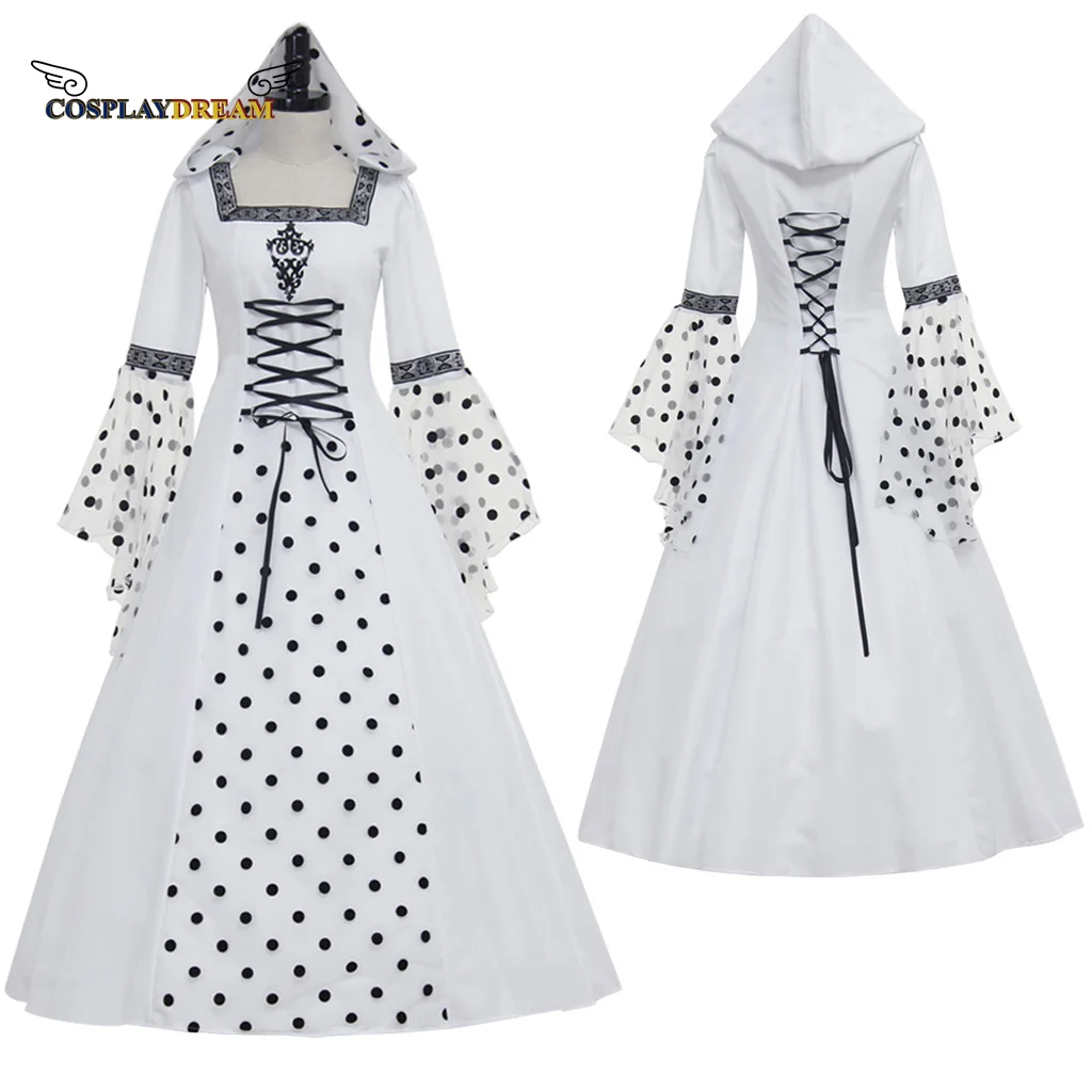 

Medieval Victorian Renaissance Gothic White Dress Hooded Polka Dot Women Dress Clothing Custom Made