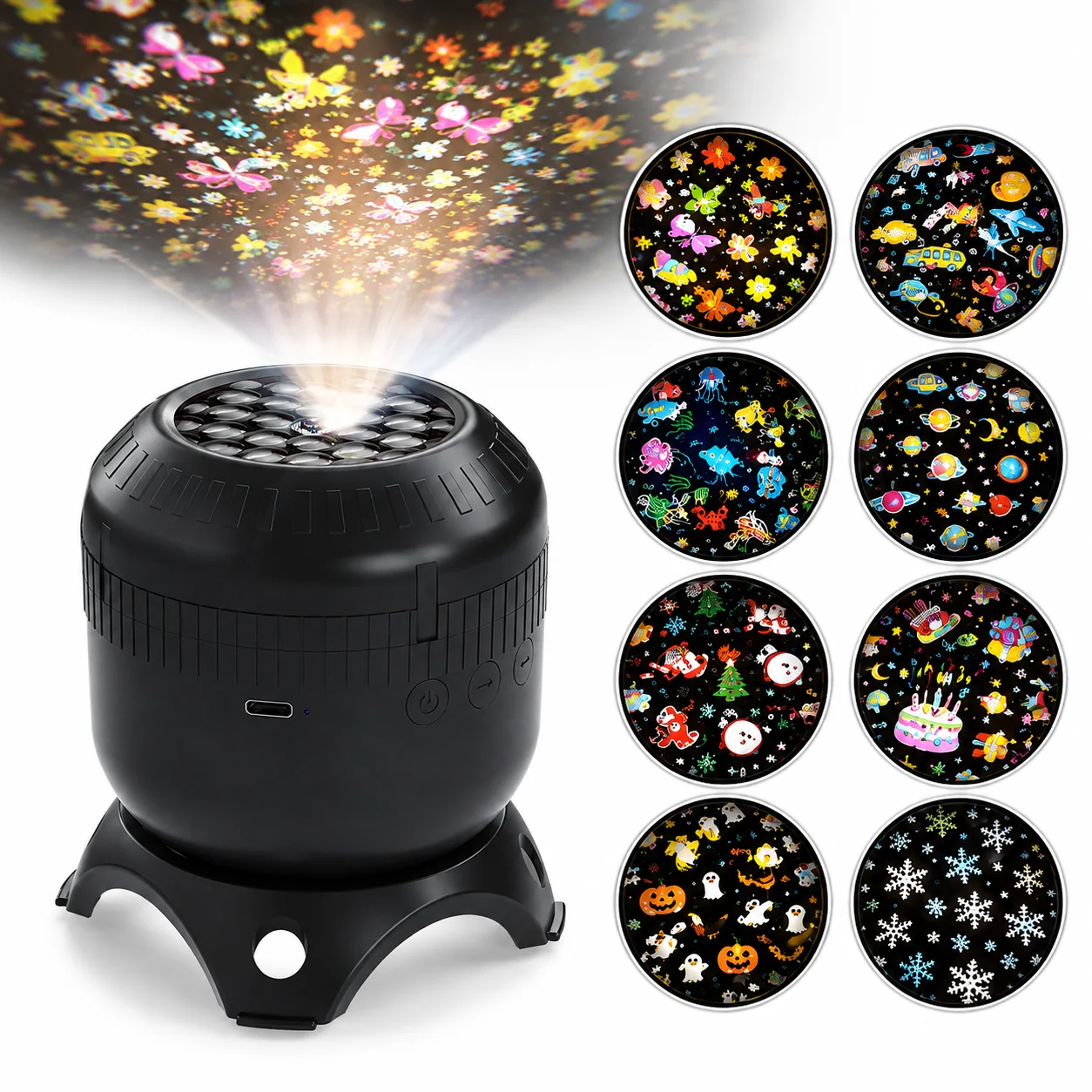 Lampada proiettore con 8 motivi variabili, luce notturna proiettata per la cameretta dei bambini, proiezione regolabile, USB-C, distanza di proiezione da 0,8 a 3,2 metri.