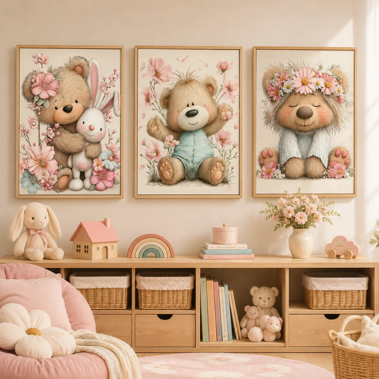 Nursery Flower Wall Art, Cute Teddy bear Canvas Painting, Plant Cherry Blossom Poster Print for Kids Boy Girl Bedroom Decor