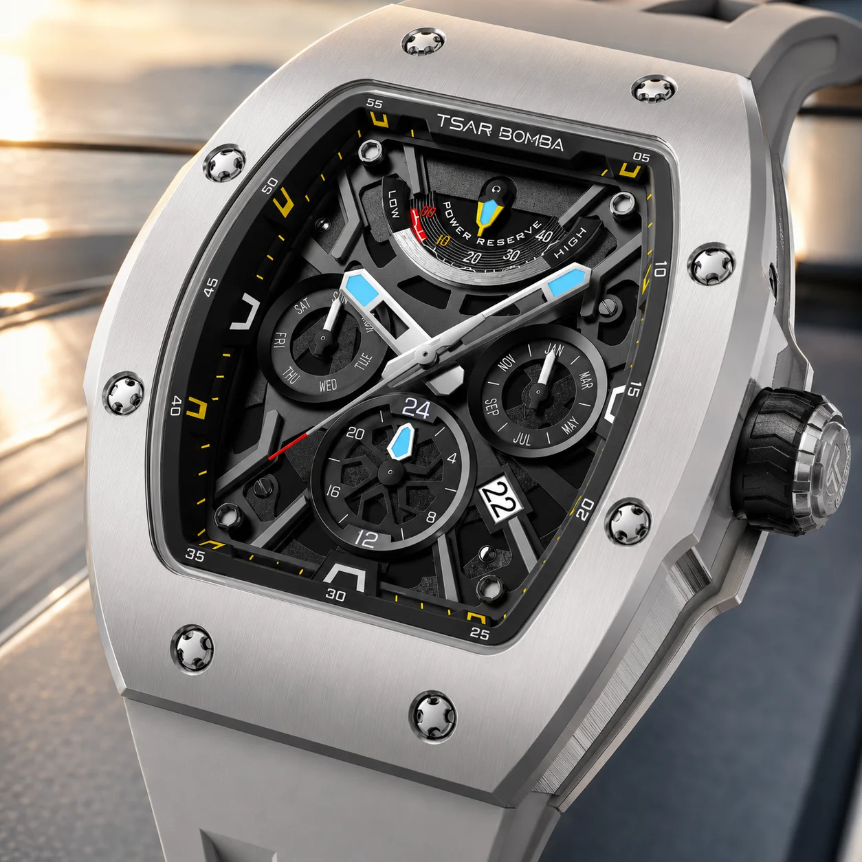 TSAR BOMBA Men's Mechanical Watch Miyota 9100 Skeleton Ceramic Sapphire 5ATM Calendar 24H Month Week Luxury
