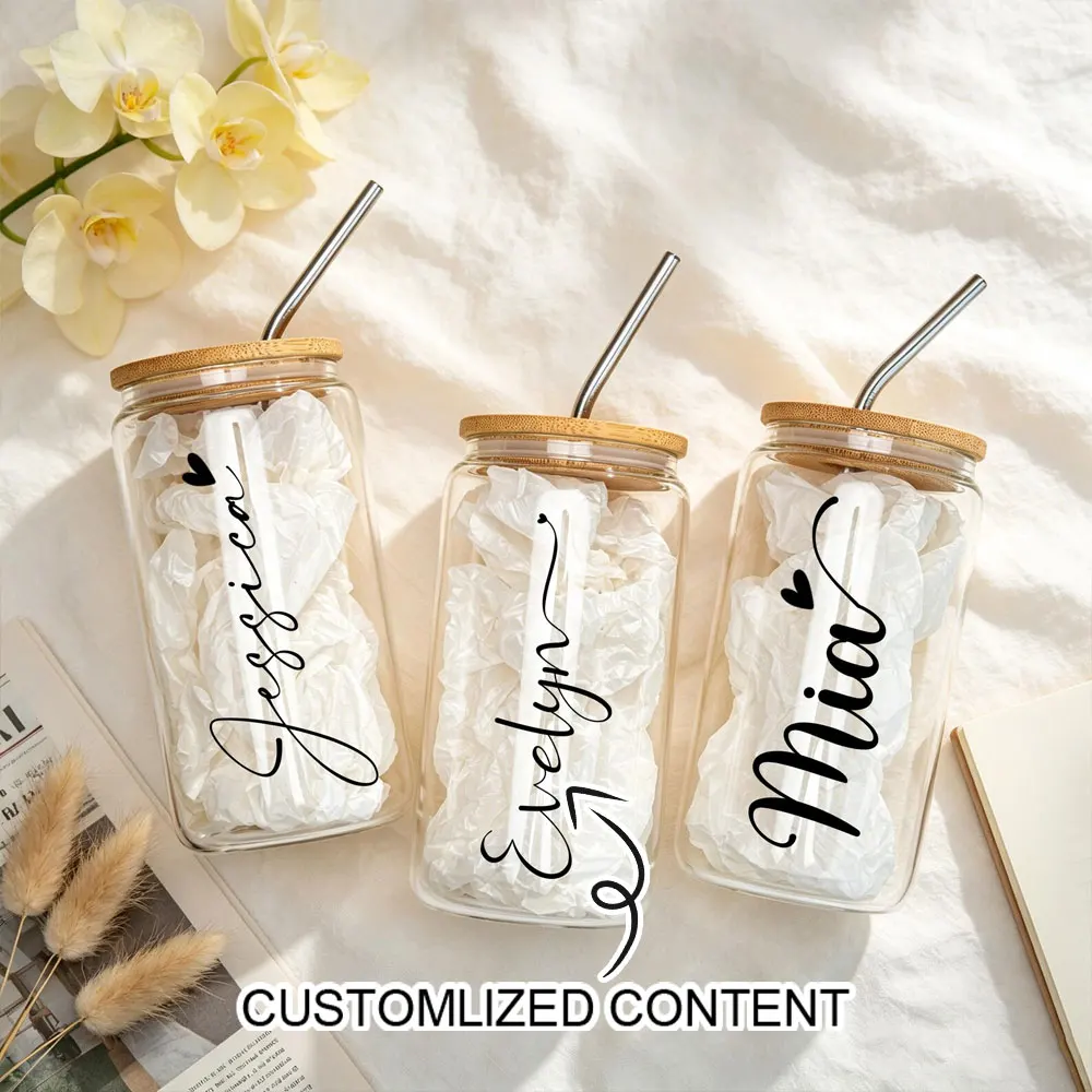 Custom Name Glass Tumbler Custom Script Text Can Shaped Iced Coffee Cup With Bamboo Lid Metal Straw Birthday Bridesmaid Gift.