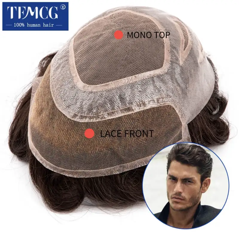 VERSALITE-ลูกไม้ด้านหน้า & Mono Top 100% Natural Hair Toupee วิกผมผู้ชายระบายอากาศผู้ชายผม Prosthesis Exhuast ระบบ Gratis Ongkir