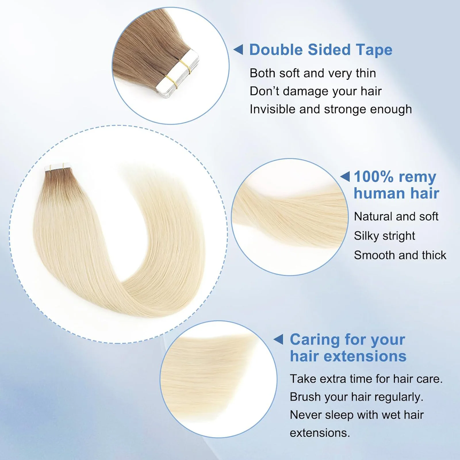 Sixstarhair 20枚入り テープエクステ 人毛 50g 16/20/22インチ 100%レミー人毛 テープ式エクステ 女性用