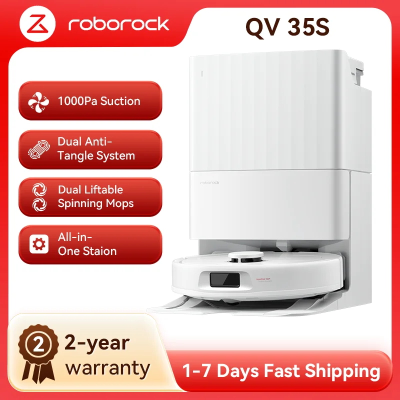 roborock QV 35S(Upgrade von Qrevo plus)Robot Vacuum Cleaner,1000Pa Suction,Anti-Tangle-Bürsten,Anhebbare Schleudermopps,Intelligente Hindernisvermeidung,Multifunktion dockbase