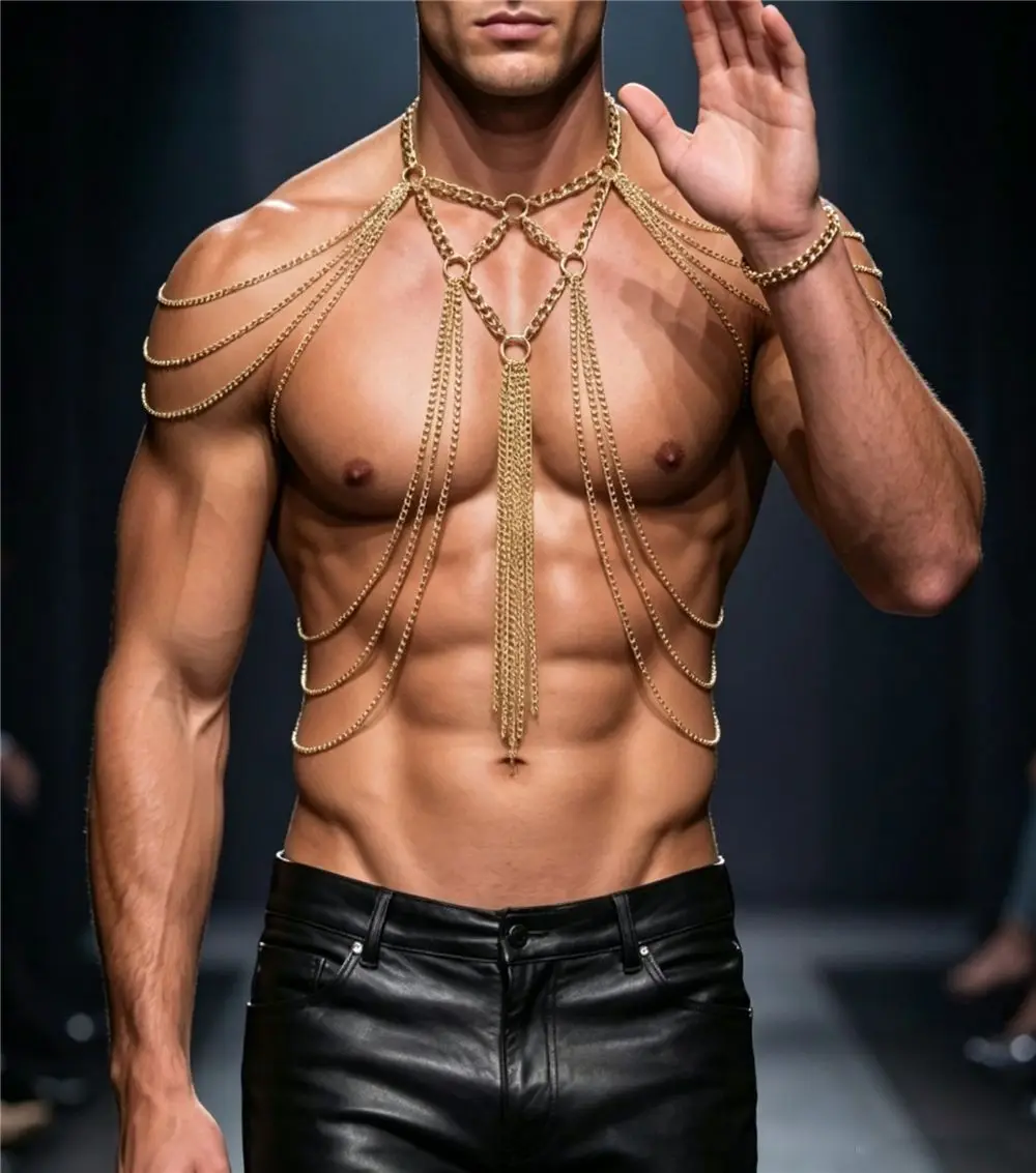 European And American Summer Men's Sexy Body Chain Handmade Spliced Shoulder Chain Tassel Hollow Chest Chain