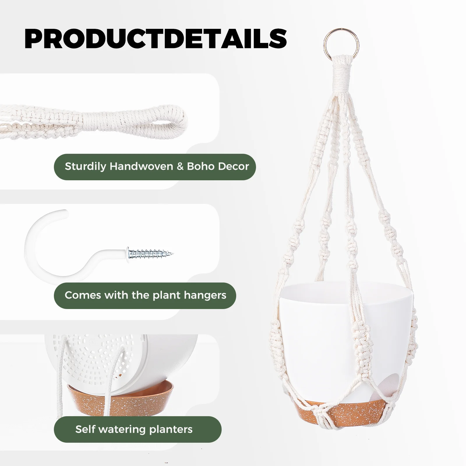 Bamworld 3 عبوات من أوعية النباتات المعلقة، شماعات نباتات مكرامية للاستخدام الداخلي والخارجي، حامل وعاء الزهور ذاتي السقي لشرفة حديقة المنزل