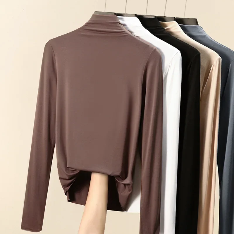 Damska koszulka z krótkim rękawem Jesień Zima Mock Neck Slim Tee shirt Solid Basic All Match Tops podkoszulek — zdjęcie 2