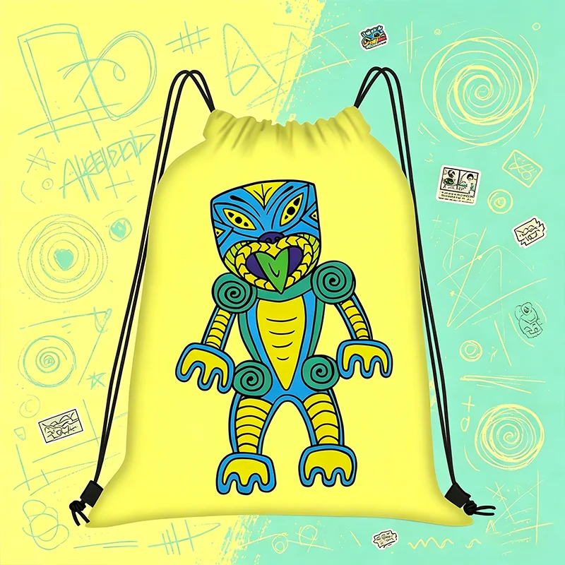 1Pcs Weird Tribal Monster Cinch Sack - Cool Yellow Abstract Art Drawstring Bag for Teens & Gift Ideas