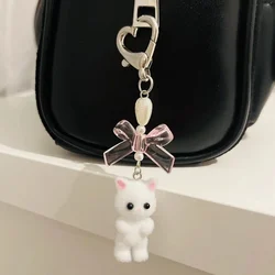 Cute Fuzzy Kitty Cat Heart Bow Keychain, Kitten, Kawaii, Pink Bow, Pearl Heart
