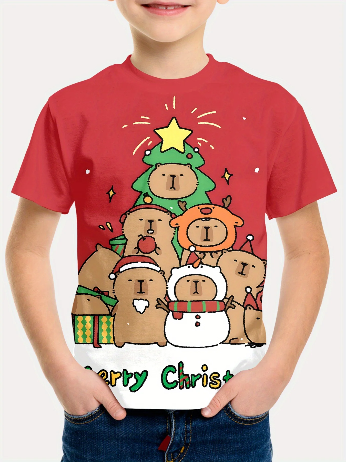 Kinderkleidung, niedliche Tiere, bedruckt, Weihnachts-T-Shirt, festliche Kurzarm-Kleidung für Jungen und Mädchen, 2–14 Jahre, Weihnachtsgeschenk, Kinder-Top-T-Shirt – Detail 5