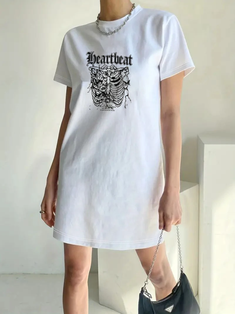 Gothic Skull And Letter Print Drop Shoulder Mid-Length White T-Shirt Dress