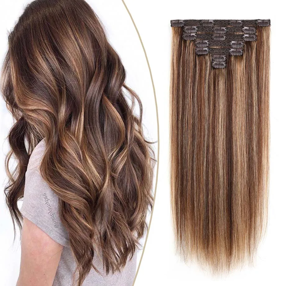 مشبك في وصلات الشعر البشري ، Balayage ، لحمة مزدوجة ، دانتيل ، متوسط ، بني ، كاراميل ، أشقر ، 7 ، 70 جم