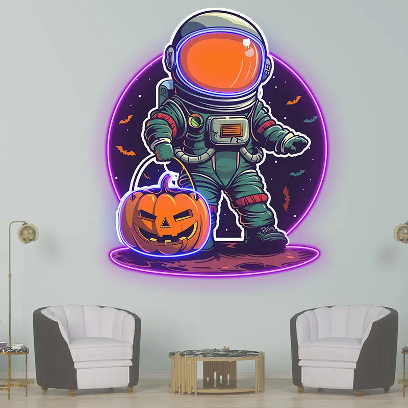 Astronaut Carrying Pumpkin Lights LED Neon Sign, Purple Bat Glass Bubble Background Decorative Lights, Halloween Home Decoration