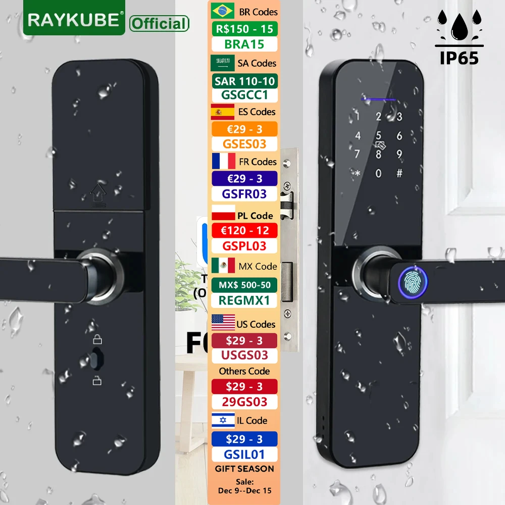 

RAYKUBE F005 IP65 Waterproof TT Lock Electronic Smart Door Lock With Fingerprint/Smart Card/Password/Key/APP Unlock