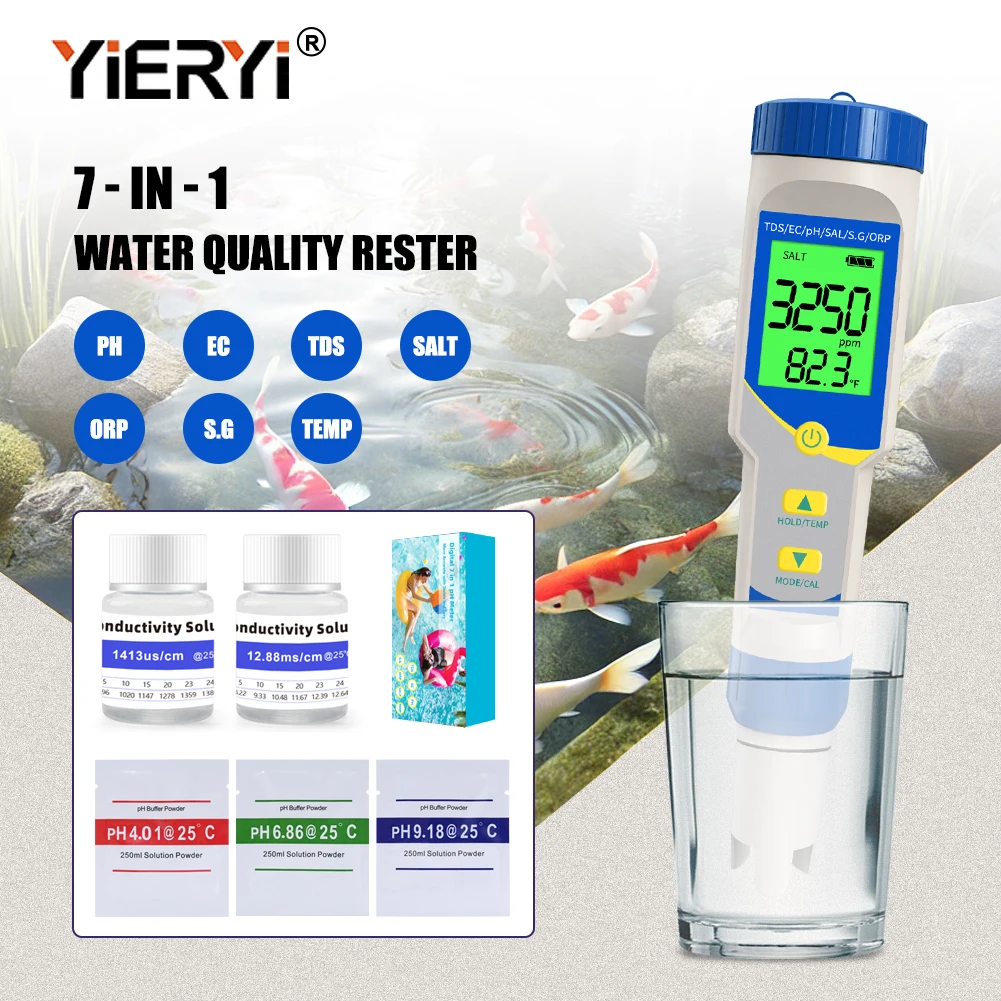 7-in-1 Digital PH TDS EC ORP S.G TEMP Water Quality Tester Detector for Swimming Pool Aquarium Conductivity Meter PH Monitor