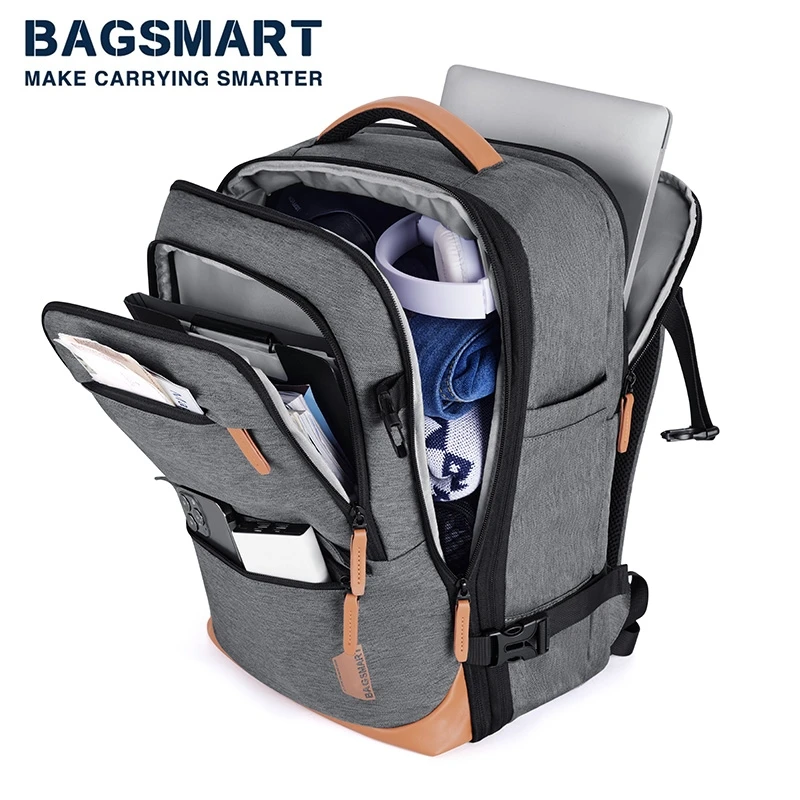 BAGSMART Travel Backpack Men Business Backpack School Expandable USB Bag Large Capacity 17.3 Laptop Waterproof Cabin Backpack