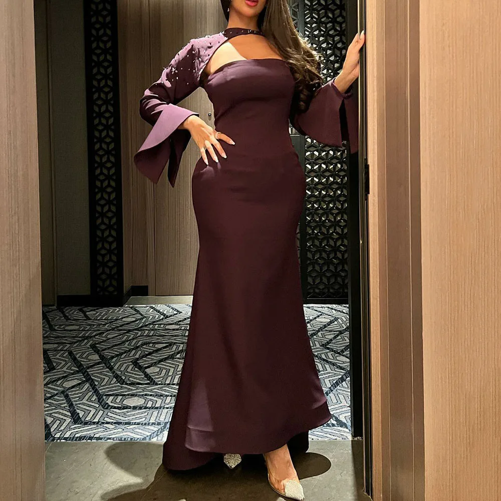 

Msikoods Brown Evening Dresses Mermaid Flare Sleeve Arabic Party Dress Women Prom Gown Beading Saudi Crepe Formal Dress