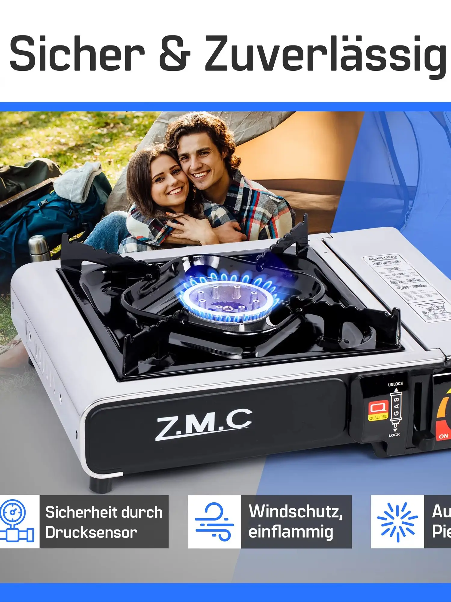 ZMC Edelstahl Campingkocher 1-flammig 2,2 kW mit Piezo-Zündung & Transportkoffer inkl. 4x Gaskartuschen 227g – tragbarer Gaskocher für Camping, Picknick, Festival, Garten & Notfälle – kompakt, robust