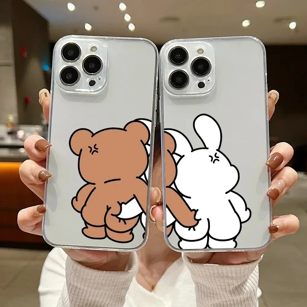 Pour iPhone 16 Pro Max 15 Plus 14 13 Pro 12 Mini 11 mignon Couple coque ours et Rabit Transparent antichoc dessin animé couverture complète
