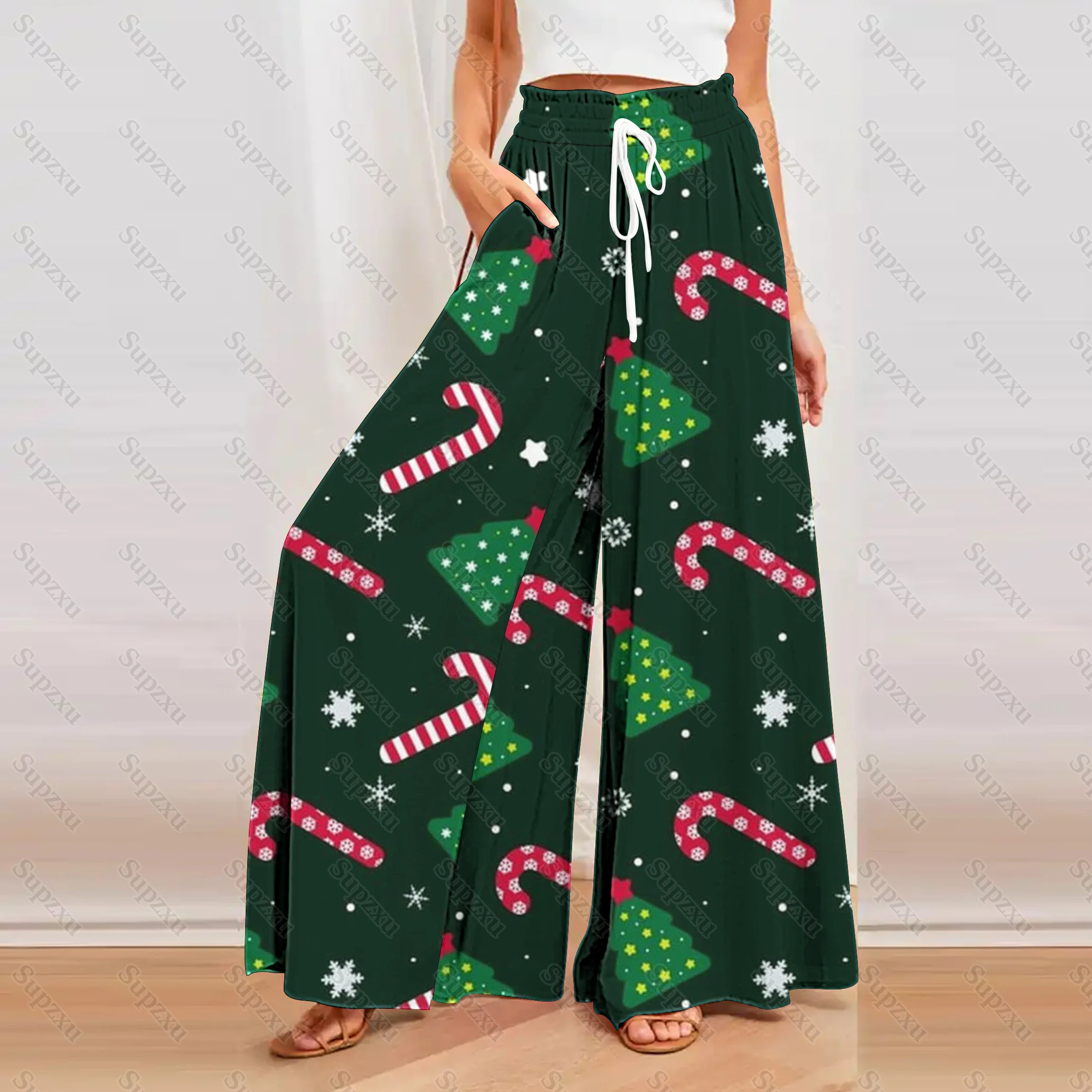 

Christmas Tree 3d Print Pants Women Fashion Joggers Santa Claus Wide-leg Pant Sports High-waist Straight-leg Casual Trouser Gift