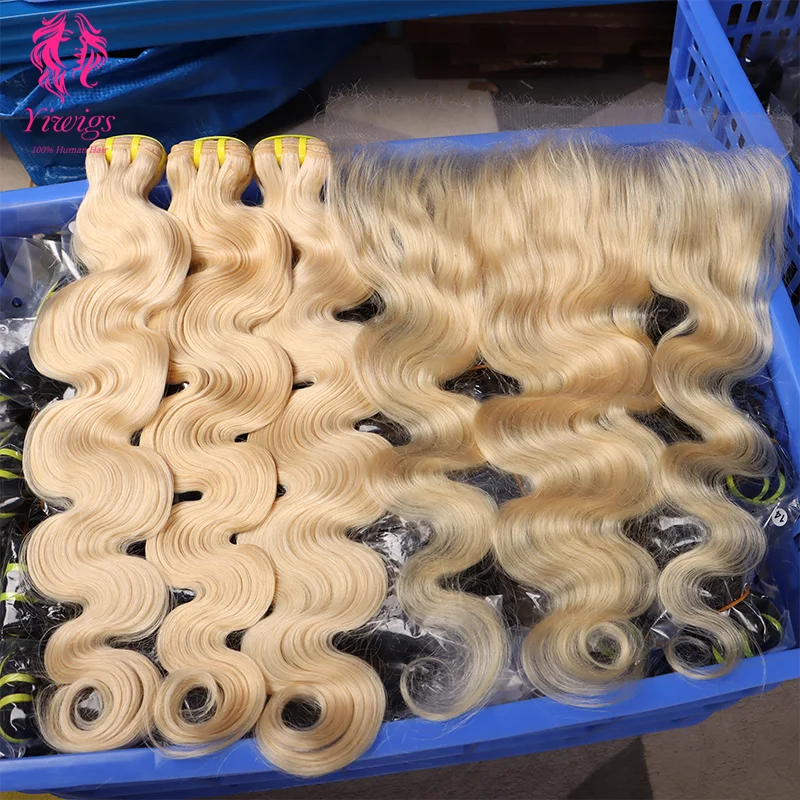 

Yiwigs Color 613 Медовый блондин Объемная волна Пучки с 13x4 HD Кружева Фронтальная часть 3/4 Пучка Плетение Необработанные человеческие волосы для женщин