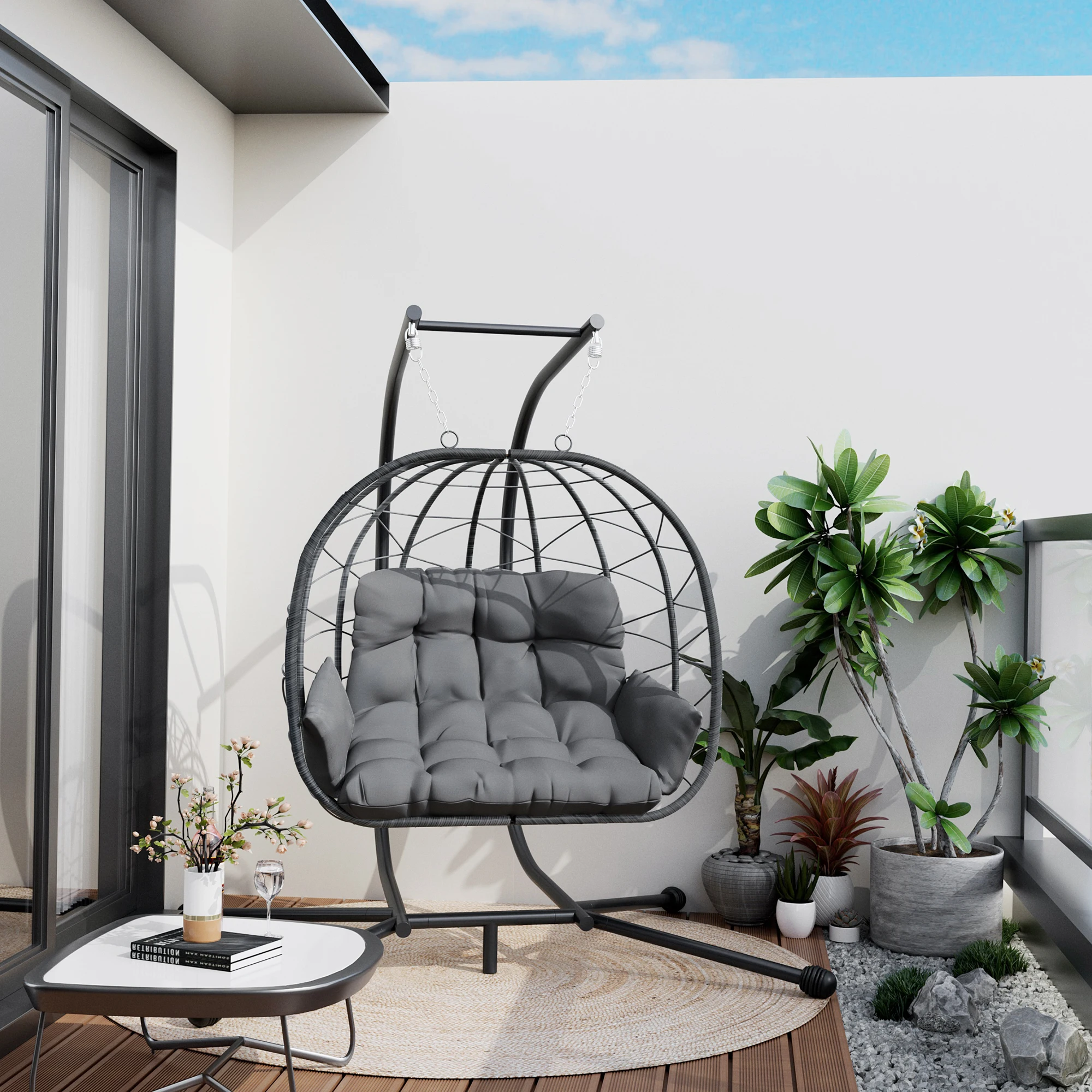 Stylish Wicker Double Egg Chair Outdoor, 730 LBS Thick Steel Frame Hammock Chair with Stand, Soft Cushion with Armrests & Headre
