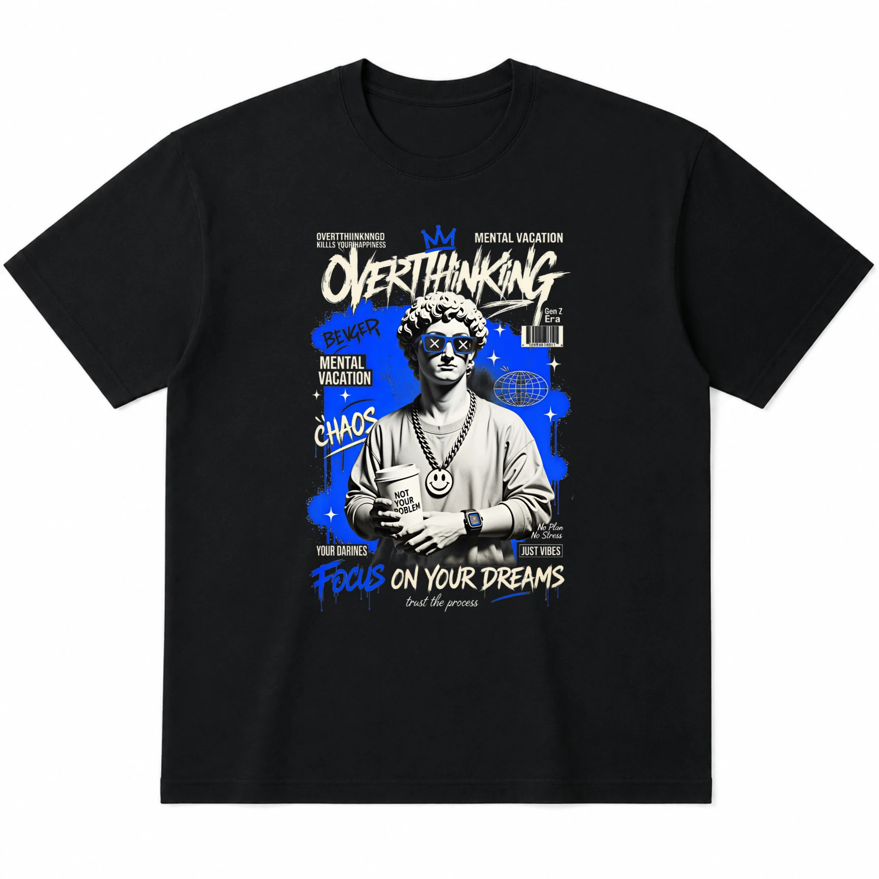 T-shirt unisex in cotone nero con stampa grafica della statua di David, Overthinking, streetwear blu, moda urbana Gen Z, manica corta