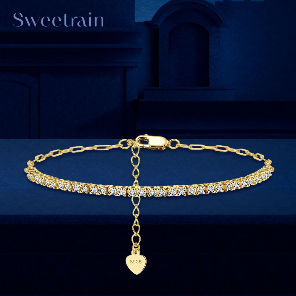 1.5mm Moissanite Tennis Bracelet S925 Sterling Silver Paperclip Chain Bracelet for Women Anniversary Wedding Jewelry Gift