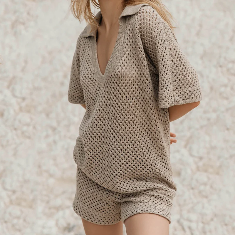 2PCS Women's Deep V Top Blouse and Short Pants Crocheted Swimsuit Sexy Hollow OUt Knitted Bikini Beach Cover-Up Casual Outfits