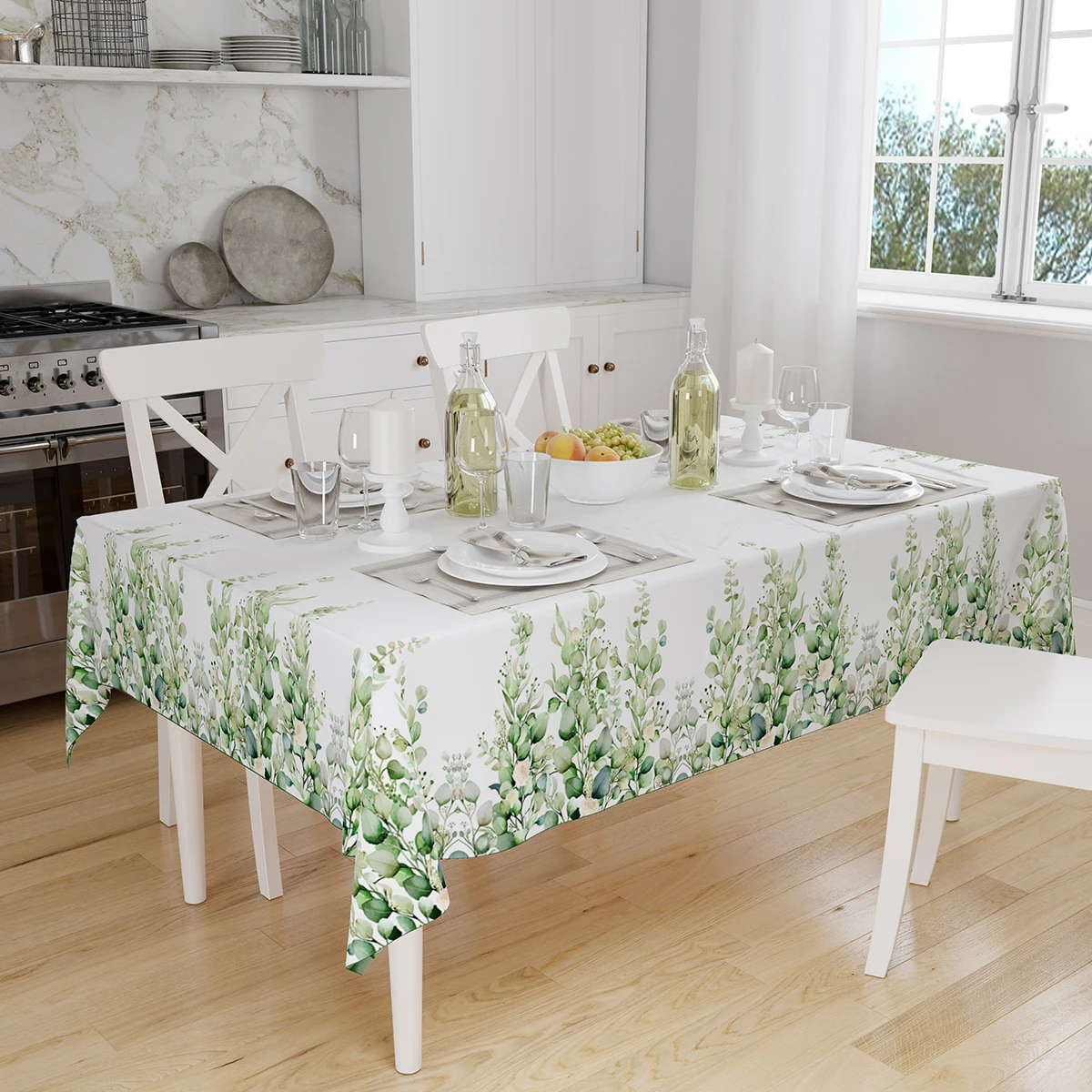 Green Floral Leaves Design Printed Rectangular Table Cloth Table Cover for Wedding Party Dinning Table Decor