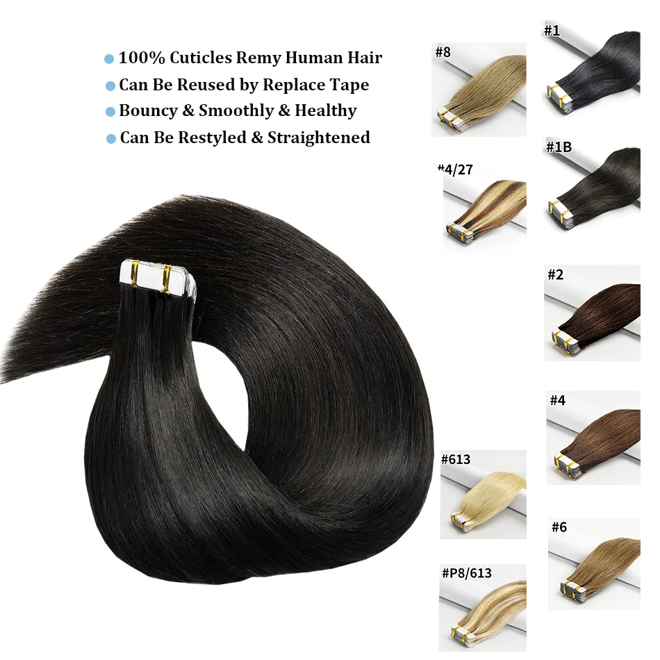 Europeu Straight Tape extensões de cabelo, 100% cabelo humano, cabelo natural real, pele loira trama, adesivos Remy cabelo, 50g