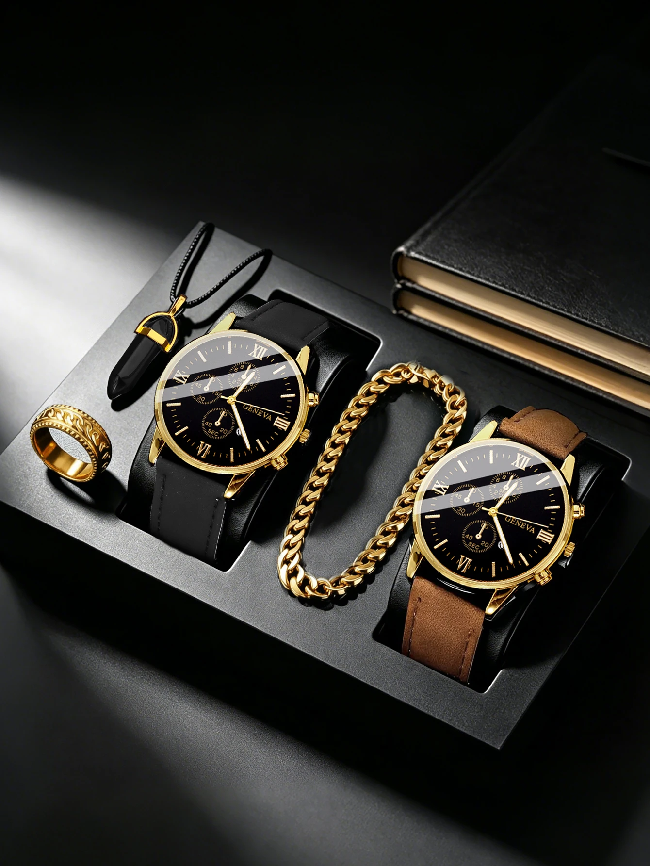 5-Piece Luxury Men's Watch and Accessory Set, Casual Large Dial The Perfect Gift for Father's Day, Birthdays, Ramadan, Anniversaries, and Everyday Wear.