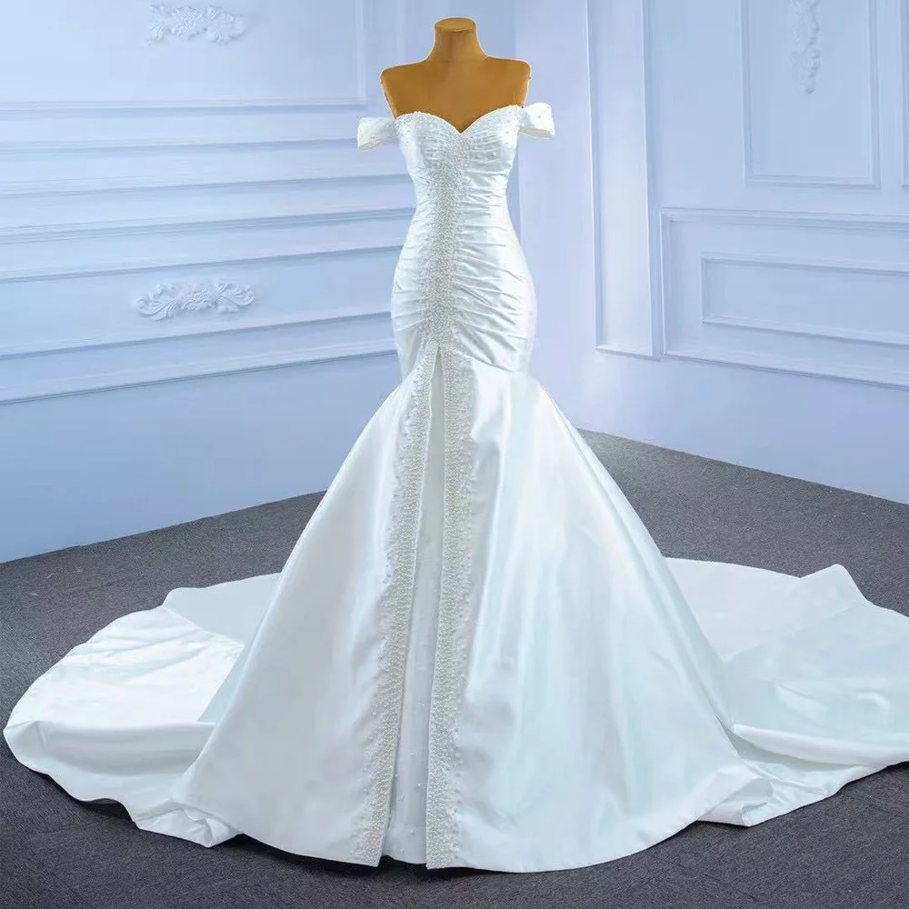 Robe Mariée Sweetheart Off Shoulder Lace Up Back Ruched Beading Crystal Pearls Wedding Dress