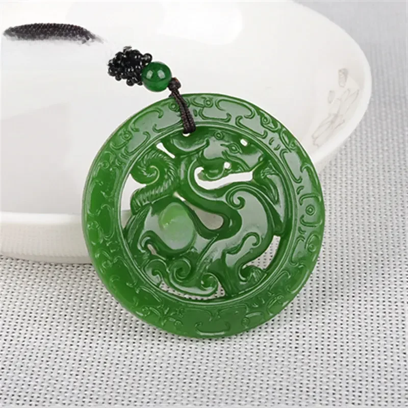 Naturalny Hetian Jasper Retro smok Jades wisiorek prawdziwy piękny rzeźbiony Hollow smok Men & naszyjnik damski z wisiorkiem prezent świąteczny — zdjęcie 2