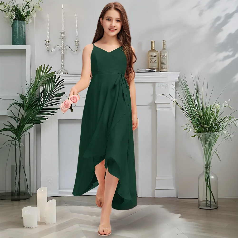 

Luxurious V-Neck Junior Bridesmaid Dress Peach Nectar Flower Girl Dress Asymmetrical Chiffon With Cascading Ruffled Layers
