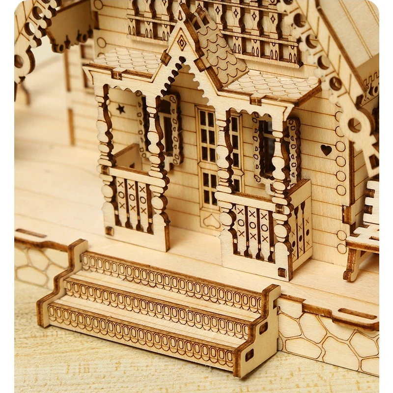 3D Wooden Puzzle Kid Adult DIY Model Kits Villa House Royal Castle with Light Assembly Toy Desk Decoration for Gift